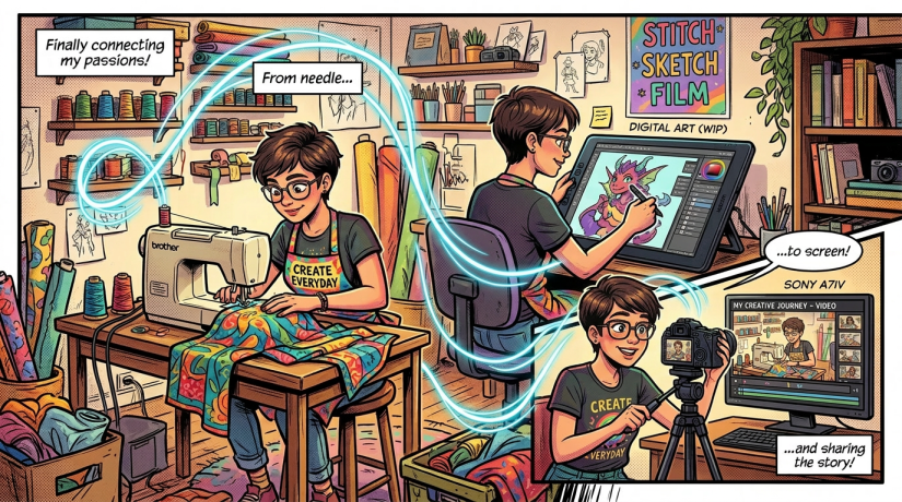 Person sewing colorful fabric, digitally drawing a dragon, and filming the process